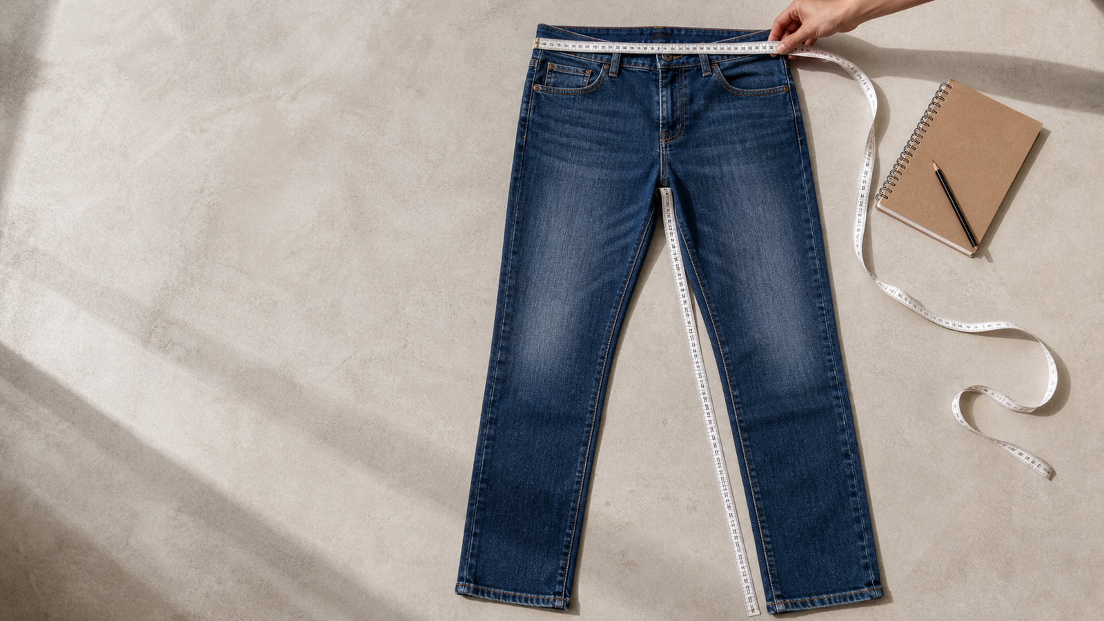 Vaqueros extendidos con una cinta métrica para explicar cómo medirlos