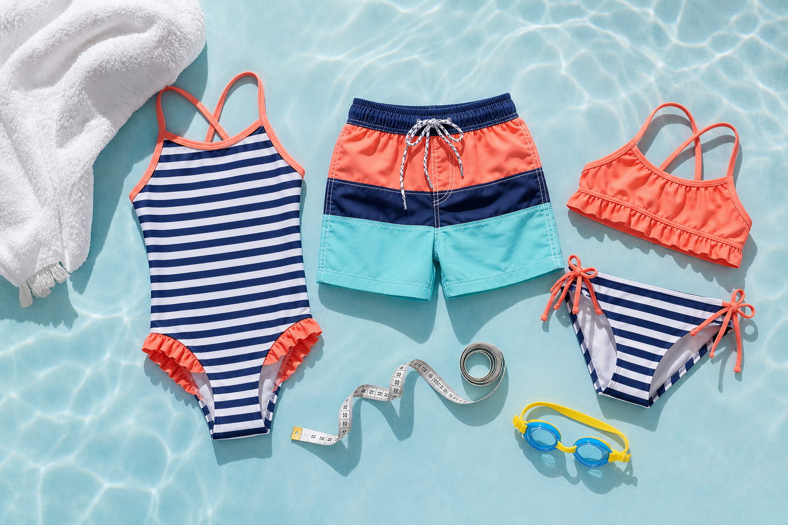 Bañadores infantiles junto a una cinta métrica y gafas de natación