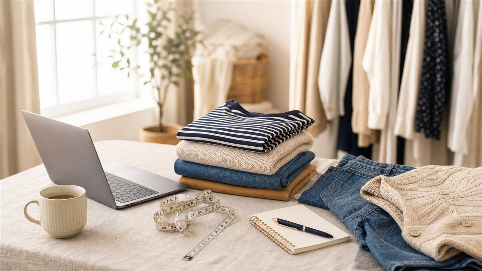 Ropa de rebajas online junto a una cinta métrica
