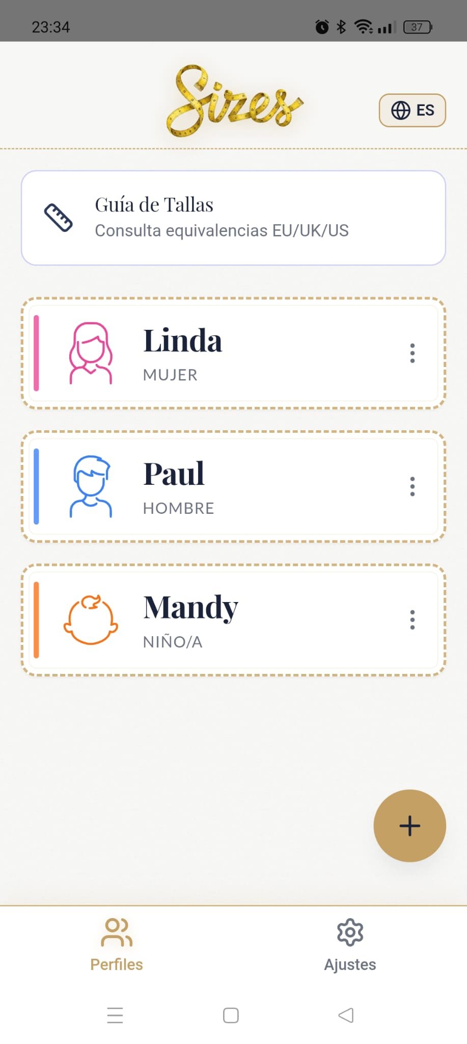 Pantalla principal de Sizes con perfiles de familia