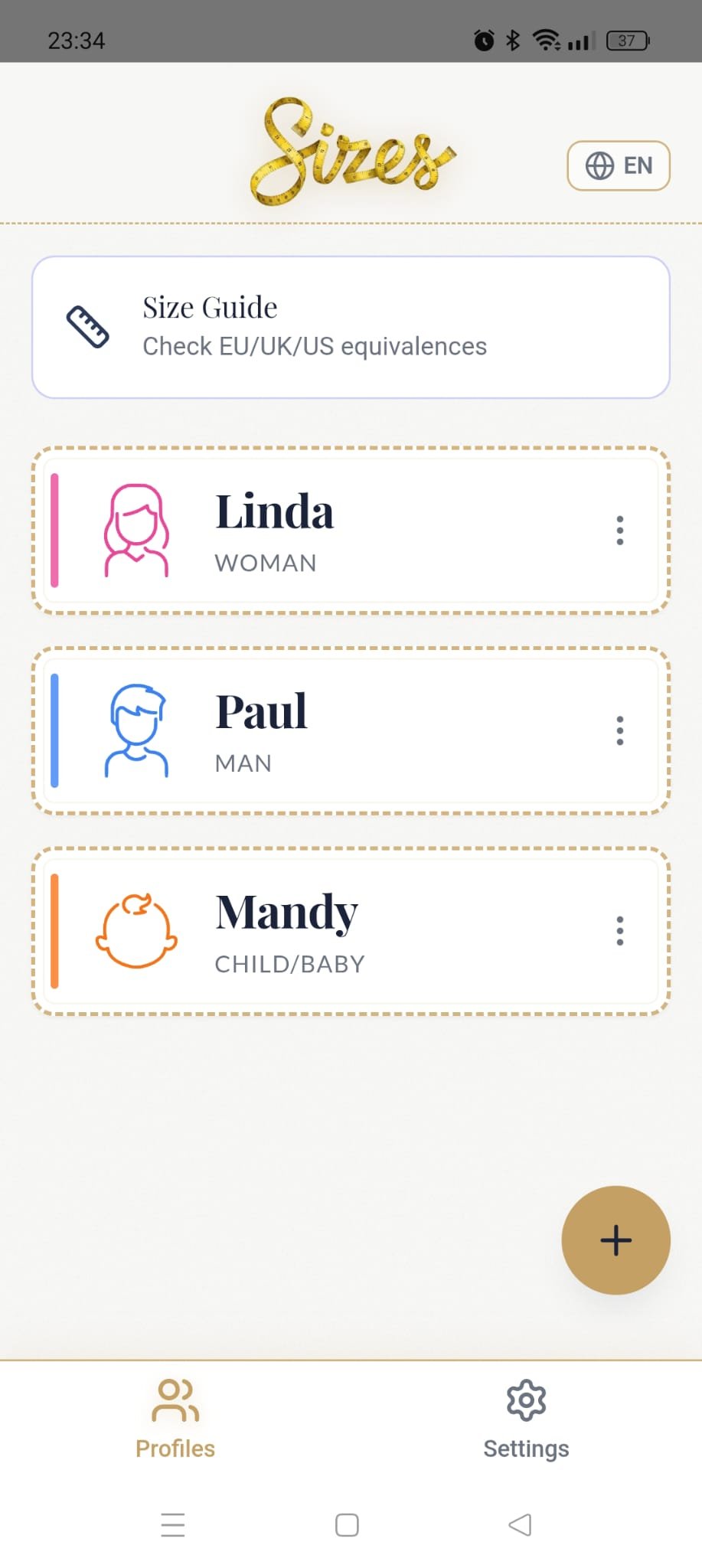 Sizes home screen with family profiles