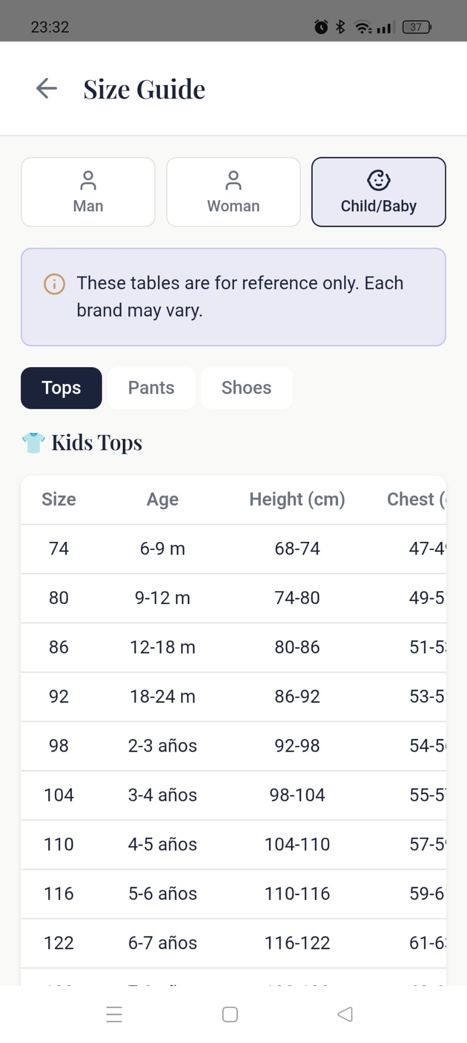Kids size guide in Sizes